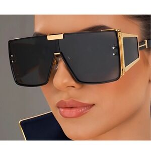 Oversized‎ Shield Sunglasses Fashion Visor Sunglasses Trendy Gold Accents Lentes
